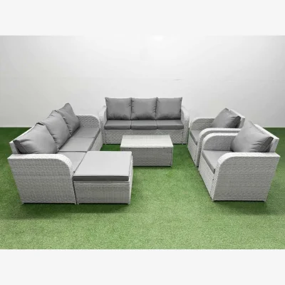 The Range Fimous PE Rattan High-Back 9-Seater Lounge Sofa Set with Reclining Chairs Light Grey - Light Grey
