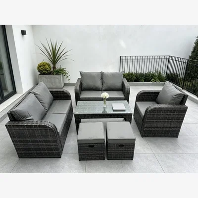 The Range Fimous 7-Seater High-Back Rattan Sofa Set with Reclining Chair - Dark Grey
