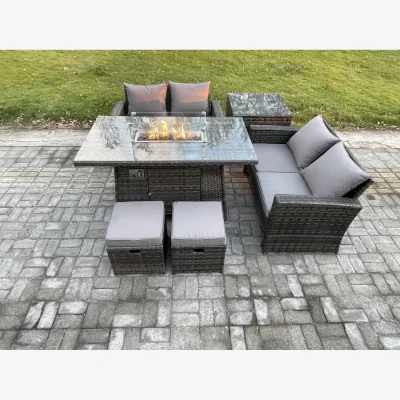 The Range Fimous 6-Piece Poly Rattan Patio Dining Sofa Set with Gas Firepit and Side Table - Dark grey mixed rattan with dark grey fabric