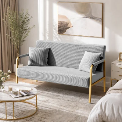 The Range Yaheetech Corduroy 2-Seater Sofa with Gold Metal Frame - Light Grey