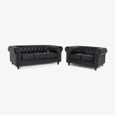 The Range Chesterfield Scroll Arm Faux Leather Sofa - Black / 5
