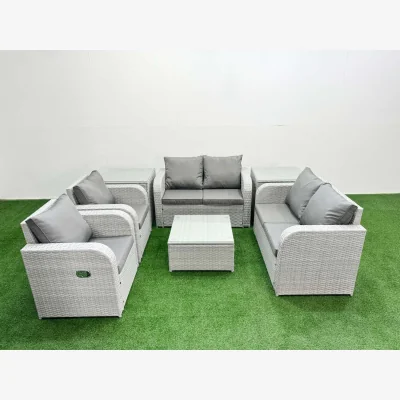 The Range Fimous 6-Seater Rattan Reclining Sofa Set with Coffee and 2 Tables Light Grey - Light Grey