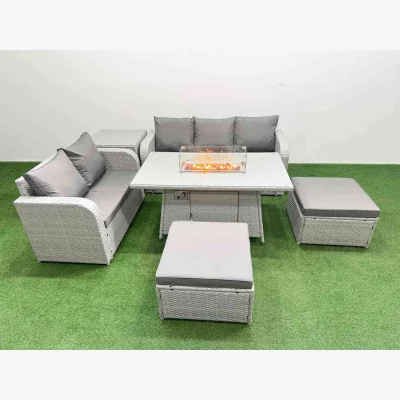 The Range Fimous 7-Seater PE Rattan Wicker Patio Sofa Set with Firepit Table - Light Grey