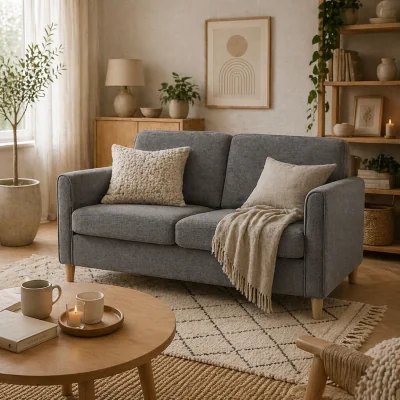 The Range Loveka Grey Compact 2-Seater Sofa with Wooden Legs and Armrests