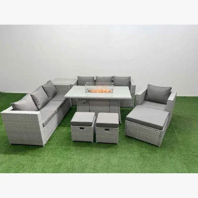 The Range Fimous 10 Seat PE Rattan Lounge Sofa Set with Firepit Dining Table Light Grey - Light Grey Mixed rattan with dark grey fabric