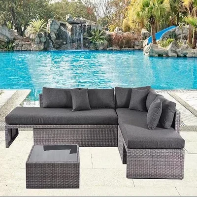 The Range Louis Rattan 3 Piece Sofa Lounge Set - Grey