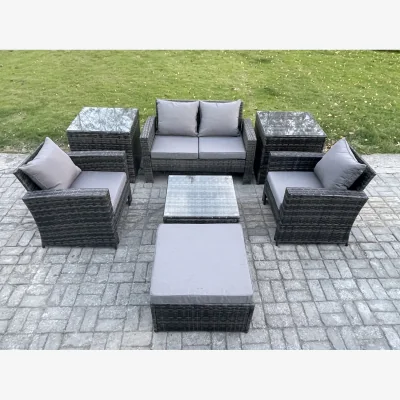 The Range Fimous 5-Seater High-Back Rattan Sofa Set with Coffee Table and Footstool Dark Grey - Dark grey mixed rattan with dark grey fabric