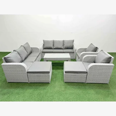 The Range Fimous PE Rattan High-Back Patio Sofa Set with 3-Seater, Recliners & Table Grey - Light Grey Mixed