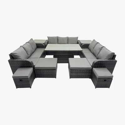 The Range Fimous 13-Seater PE Rattan Patio Sofa Set with Height-Adjustable Rising Table and Side Tables. - Dark Grey Mixed rattan with dark grey fabric