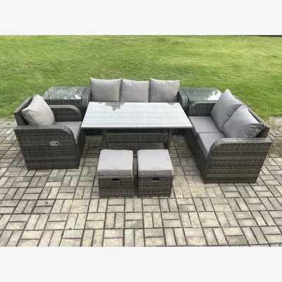 The Range Fimous 8-Seater Rattan Dining & Sofa Set with Reclining Chairs, Tempered Glass Table, Dark Grey. - Dark grey mixed rattan with dark grey fabric