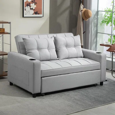 The Range HOMCOM 2 Seater Pull Out Sofa Bed with 2 Cup Holders - Light Grey