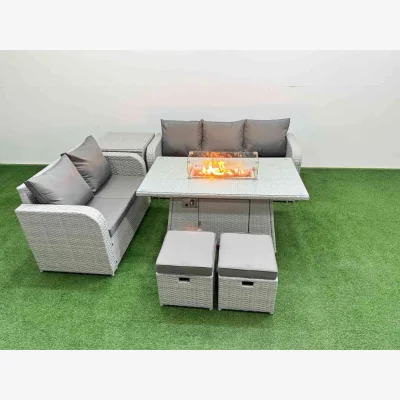 The Range Fimous 7 Seater PE Rattan Wicker Patio Sofa Set with Firepit Dining Table - Light grey PE rattan with dark grey fabric