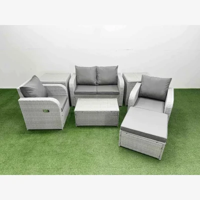 The Range Fimous Light Grey 5-Seater PE Rattan Sofa Set with Recliners & Footstool - Light grey rattan with dark grey fabric