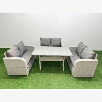 The Range Fimous 6-Seater PE Rattan Wicker Sofa Set with Rectangular Tempered Glass Table, Light Grey. - Light Grey