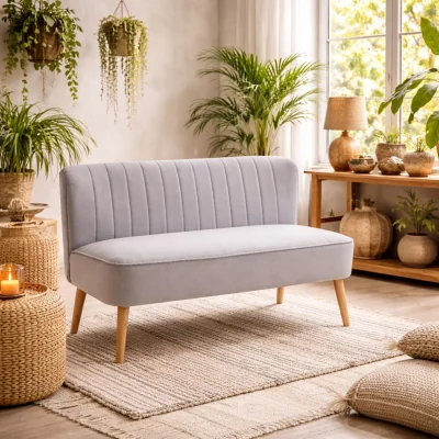 The Range Nebalo Light Grey Velvet 2-Seater Sofa - Wooden Angled Legs, Panelled Stitch Back
