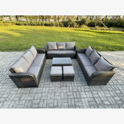 The Range Fimous 11-Seater Rattan Lounge Sofa Set with Rectangular Coffee Table, Dark Grey Mixed. - Dark Grey Mixed