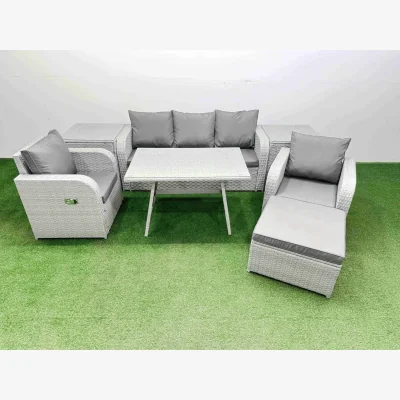 The Range Fimous Reclining 6-Seater PE Rattan Sofa Set with Dining Table and Side Tables, Light Grey. - Light grey rattan + dark grey fabric