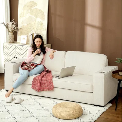 The Range HOMCOM Modern 3 Seater Sofa Upholstered Corduroy Sofa Couch - Cream