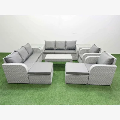 The Range Fimous PE Rattan High-Back Lounge Sofa Set with Reclining Chairs and Tempered Glass Table Light Grey - Light Grey