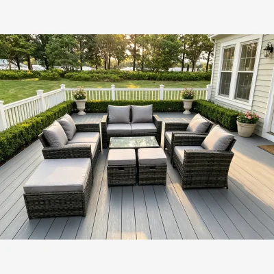 The Range 9 Seater High Back Rattan Sofa Set Oblong Coffee Table - Dark Grey Mixed