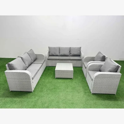 The Range Fimous 5-Piece PE Rattan High-Back Sofa Set with Reclining Chairs, Light Grey - Light grey rattan with dark grey fabric