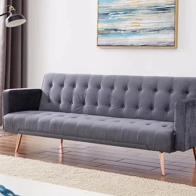 The Range Plush Velvet Sofa Bed In Blue Green Grey or Pink With Gold Metal Legs - Grey