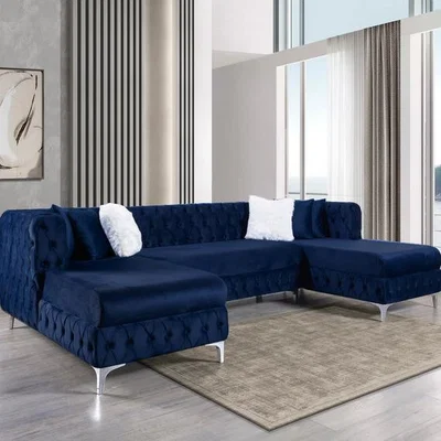 The Range MAYFAIR U-Shape Chesterfield Tufted Sofa-BLUE - Blue