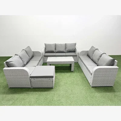 The Range Fimous PE Rattan Lounge Sofa Set 10 Seater with Oblong Tempered Glass Coffee Table, Light Grey. - Light Grey