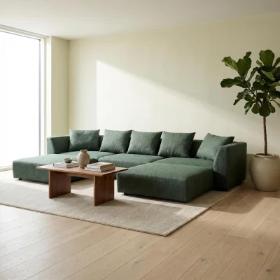 The Range Tokyo U-Shape Modular Sofa in Light Grey Brushed Tweed Fabric with Deep Seat - Olive Green