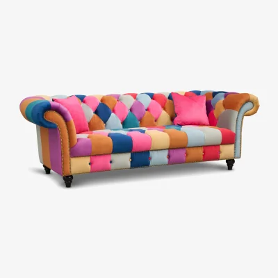 The Range Multicoloured Velvet Patchwork 3 Seater Scroll Arm Chesterfield Sofa PORTOFINO - Purple