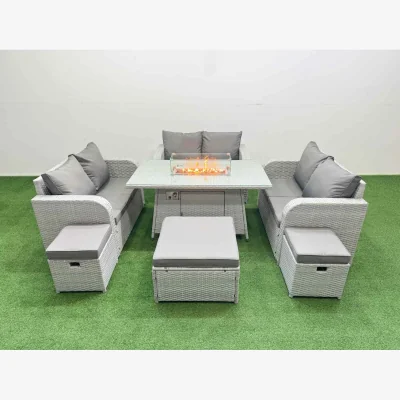 The Range Fimous 9-Seater PE Wicker Rattan Sofa Set with Firepit Dining Table Light Grey - Light Grey