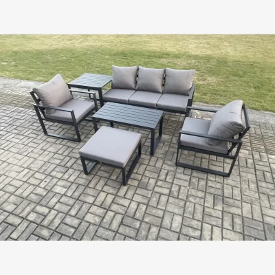 The Range Fimous 6-seater aluminium patio sofa set with oblong coffee table and footstool. - Dark Grey