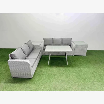 The Range Fimous Light Grey 6-Seater PE Rattan Patio Dining & High-Back Sofa Set - Light Grey
