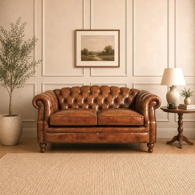 The Range Tan Brown Real Genuine Hide Leather Chesterfield 2 Seater Sofa Solid Hardwood Frame Vintage Leather - Brown
