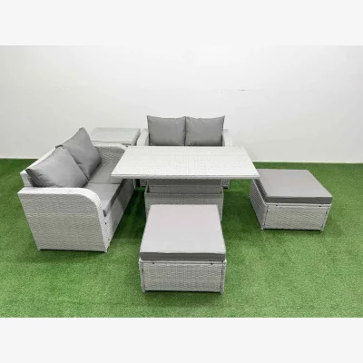 The Range Fimous 6-Seater Rattan Love Sofa Set with Lifting Table, 2 Footstools and Side Table Light Grey - Light grey PE rattan with dark grey fabric
