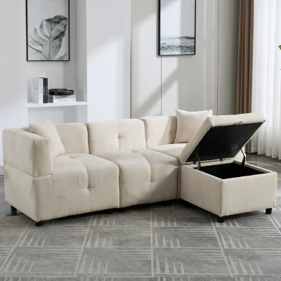 The Range Beige L-Shaped Sectional Sofa with Removable Storage Ottoman and 2 Pillows - Cream
