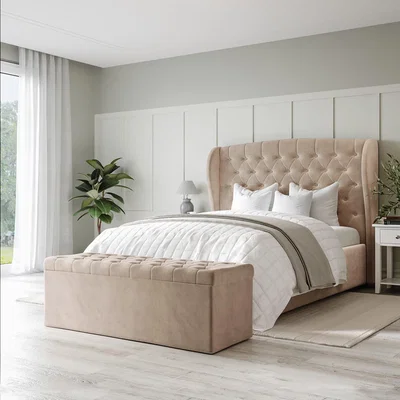 Furniture123 Beige Velvet Super King Size Ottoman Bed with Blanket Box - Safina