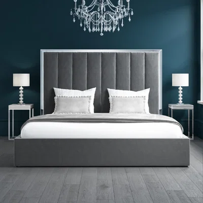 Furniture123 Grey Velvet Super King Ottoman Bed with Silver-Trim Headboard - Aaliyah