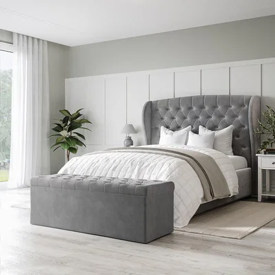 Furniture123 Grey Velvet Super King Ottoman Bed with Matching Blanket Box