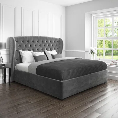 Furniture123 Safina Dark Grey Velvet Super King Ottoman Bed with Winged Headboard