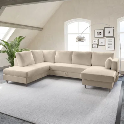 Furniture123 6 Seater U Shaped Corner Sofa Bed with Storage in Beige Woven - Left Hand Facing - Boe