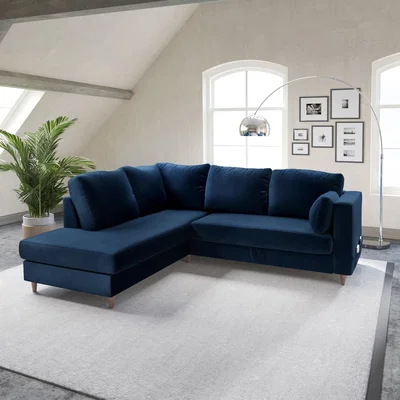 Furniture123 Navy Velvet Left Hand Corner Sofa Bed with Storage - Seats 4 - Boe