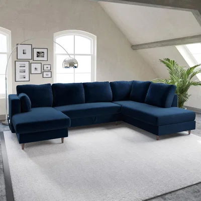 Furniture123 Navy Velvet U Shape Sofa Bed with Left Hand Storage Space - Seats 6 - Boe