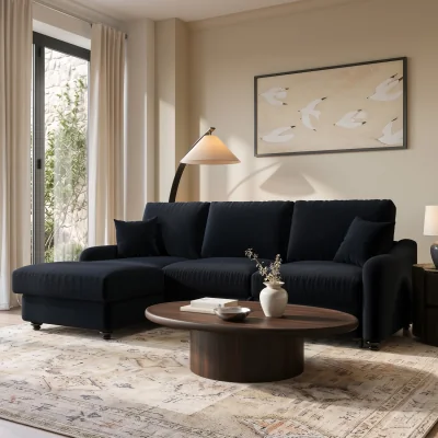 Furniture123 4 Seater Pull-Out Chaise Corner Sofa Bed with Storage in Navy Chenille - Quinn