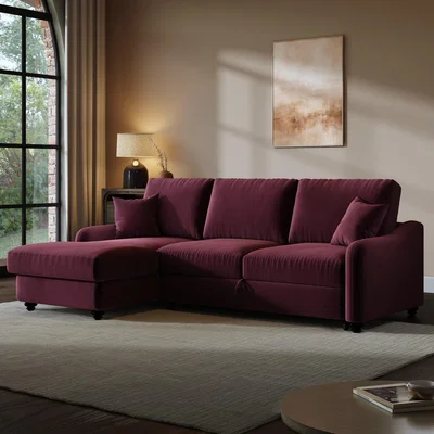Furniture123 Burgundy Velvet Left-Hand 4-Seater Corner Sofa Bed with Storage - Quinn