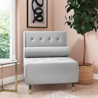 Furniture123 Single Sofa Bed in Silver Grey Velvet with Bolster Cushion - Eleni