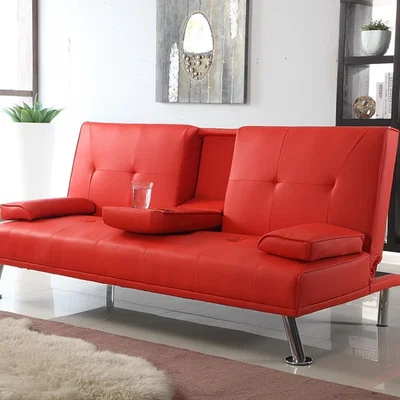 The Range Red Faux Leather Italian Style Luxury Sofa Bed with Drink Cup Holder