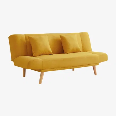 The Range Hugo 3 Seater Sofa Bed Fabric With Matching Pillows and Wooden Legs - Mustard