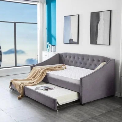 The Range Velvet Grey Daybed 3ft Single Sofa Bed With Underbed Trundle - Grey