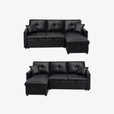 The Range Newport Leather 3 Seater Pullout Sofa Bed with Storage Compartment - Black